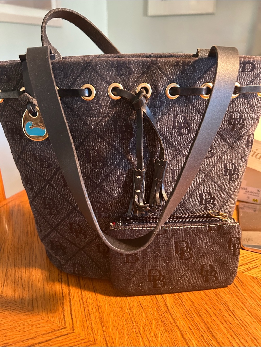 Dooney & Bourke Black Logo Monogram Drawstring Tote with Matching Pouch